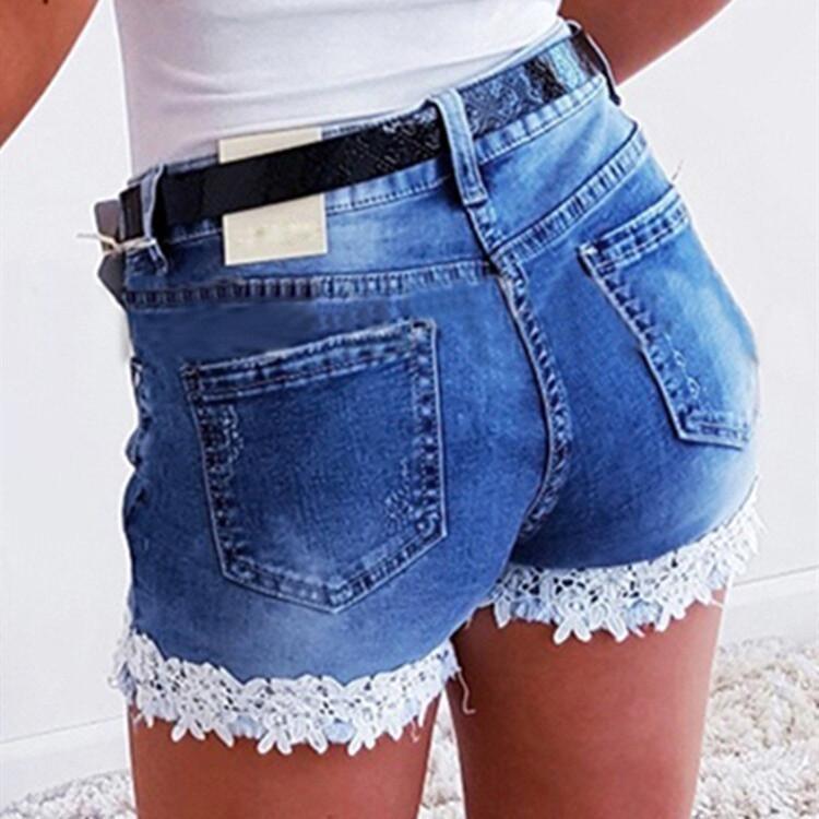 Ladies Casual Stretch Denim Shorts Slim Fit with Lace Stitching Regular Jeans Women