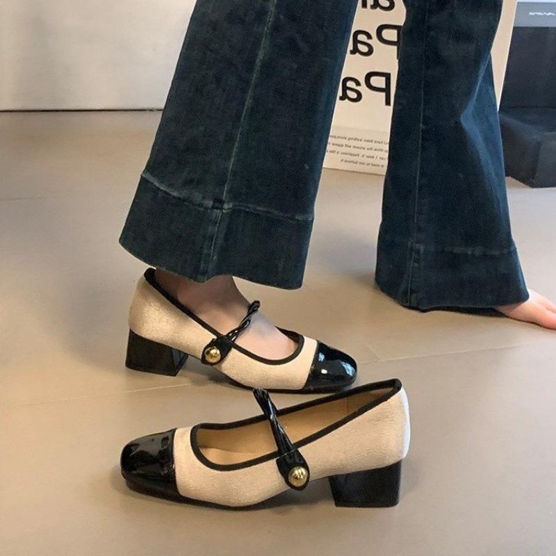 Women's Mixed Color High Heels Buckle Mary Jane Shoes Black Toe High Heels Fashion Patchwork Women Heels