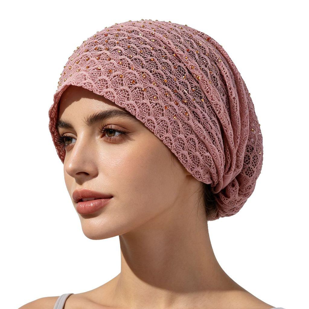 Ethnic Hat Women Spring Summer Thin Breathable Lace Water Drilling Fashion Headscarf Cap