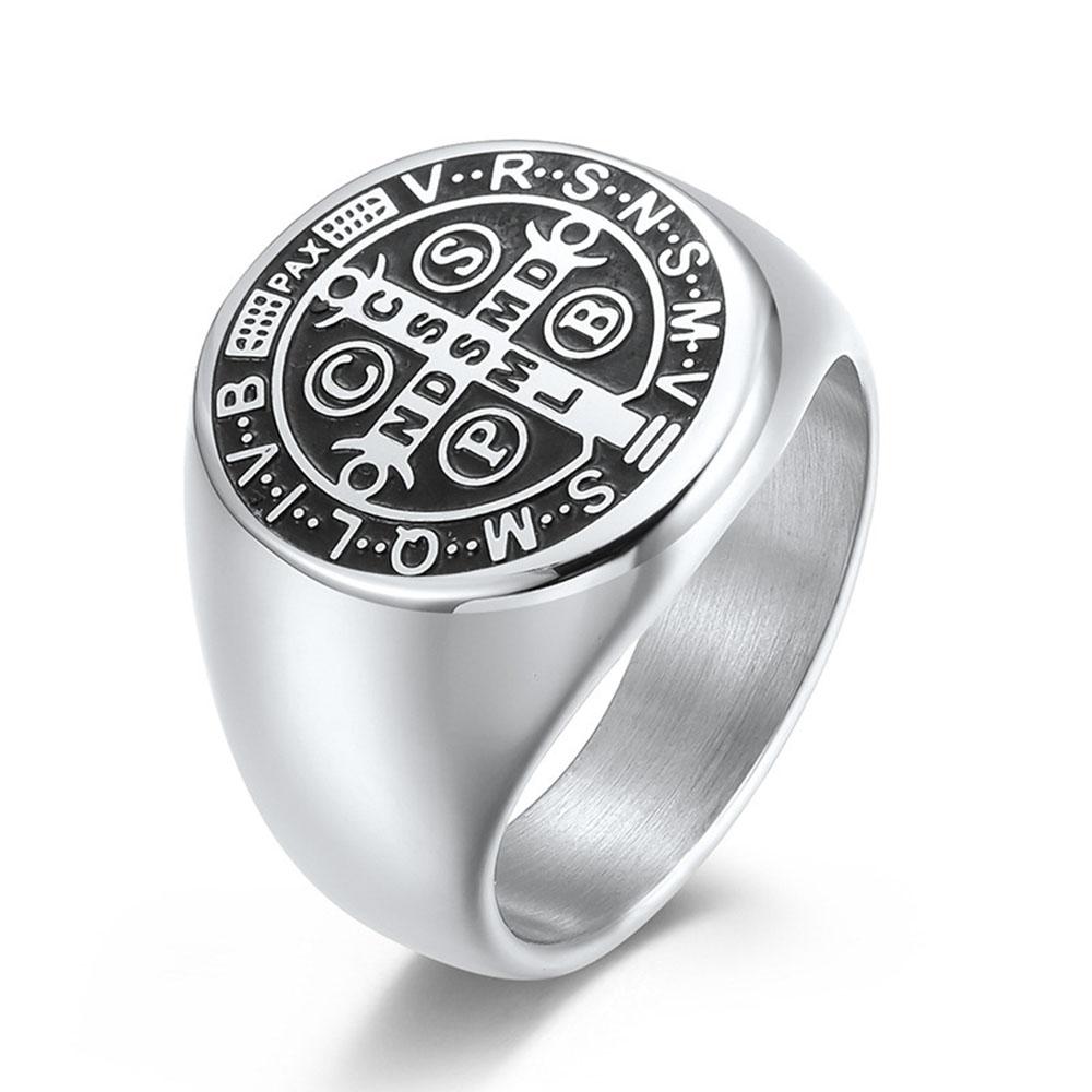 

Vintage Religious Saint Benedict s Christian Cross Ring Mens Punk Hip Hop Biker Stainless Steel Jewelry Gift for Boyfriend 12 срібний