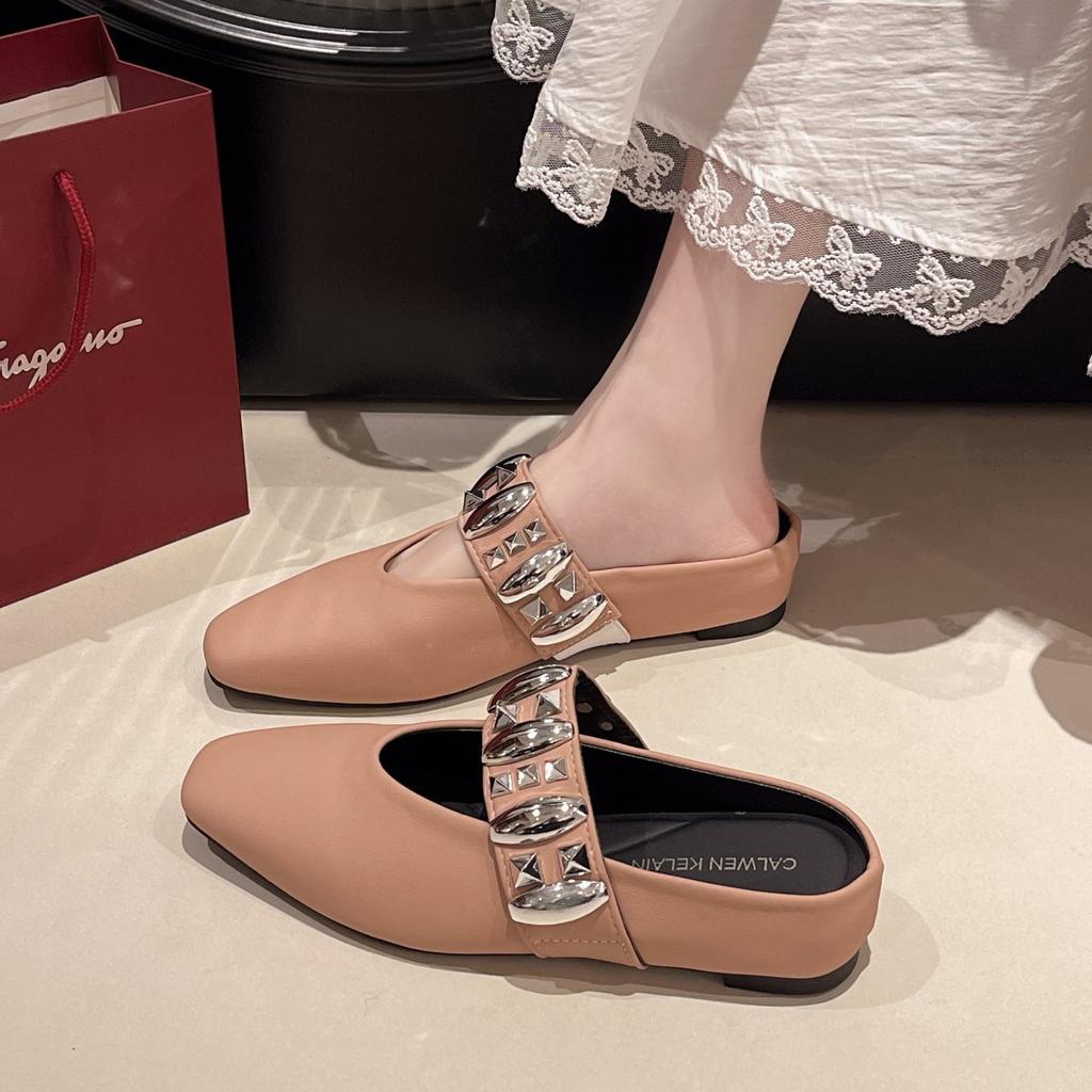 2025 New Half-tray Cool Slippers Bag Head French Silver Skirt Half-slippers Women's Summer Outer Wear Inner Height Increase Super Fire Match