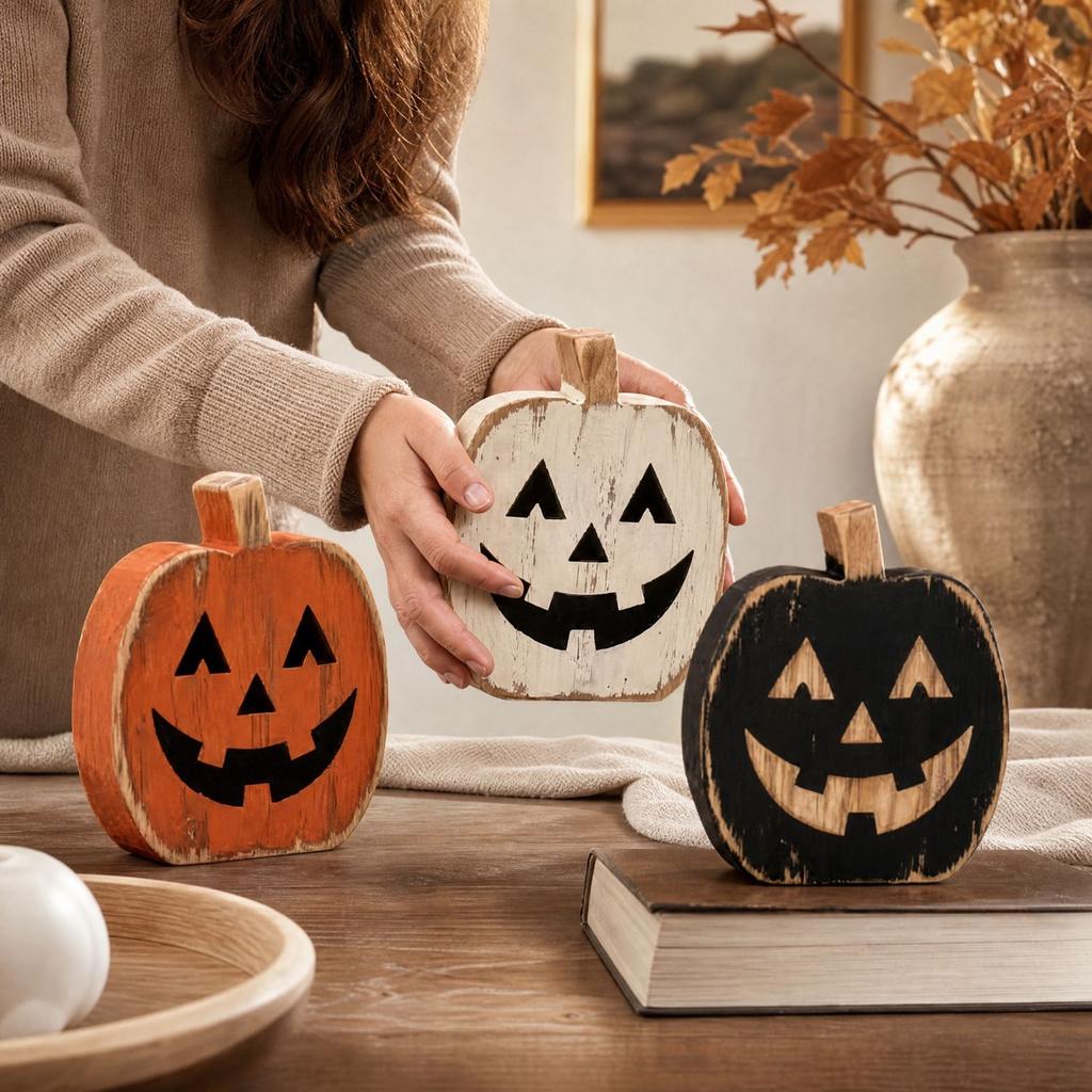Halloween Wooden Pumpkin Decorations Set of 6 - Rustic Tabletop Centerpiece for Fall Mantel Shelf Party