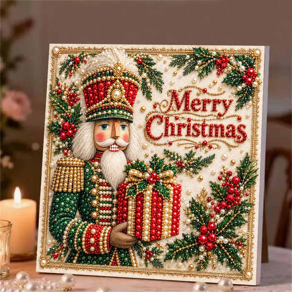 Nutcracker Merry Christmas Pearl Bead Art with Frame 3D Sparkling Canvas Painting Home Wall Decor and Creative Gift for Girls Room Decor