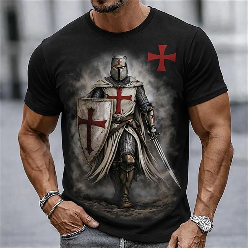 2026 Sommer Retro Herren Templer Kreuzritter T-Shirt Kurzarm T-Shirt 3D-Druck Rundhals Religiöser Stil Festliches Outfit
