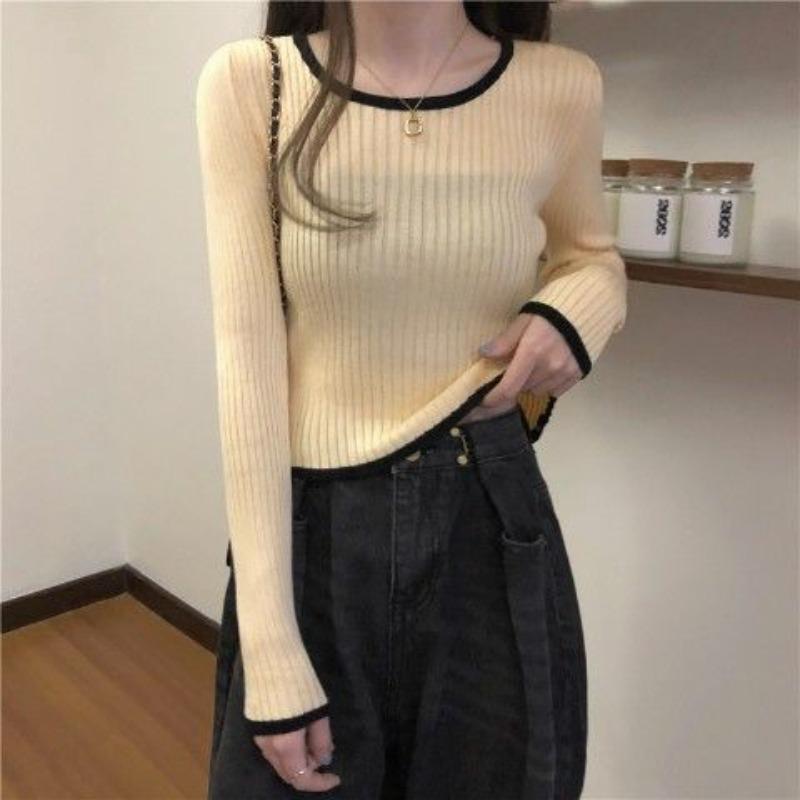 Autumn Korean Style Contrast Color Ribbed Long Sleeve Knitwear Women's Slim Fit Inner Base Layer Top