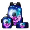 Kids School Backpack Set With Lunch Bag Pencil Case - Football Print Oxford Fabric Ergonomic Design Elementary Students