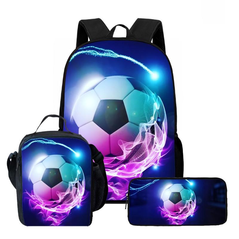 Kids School Backpack Set With Lunch Bag Pencil Case - Football Print Oxford Fabric Ergonomic Design Elementary Students