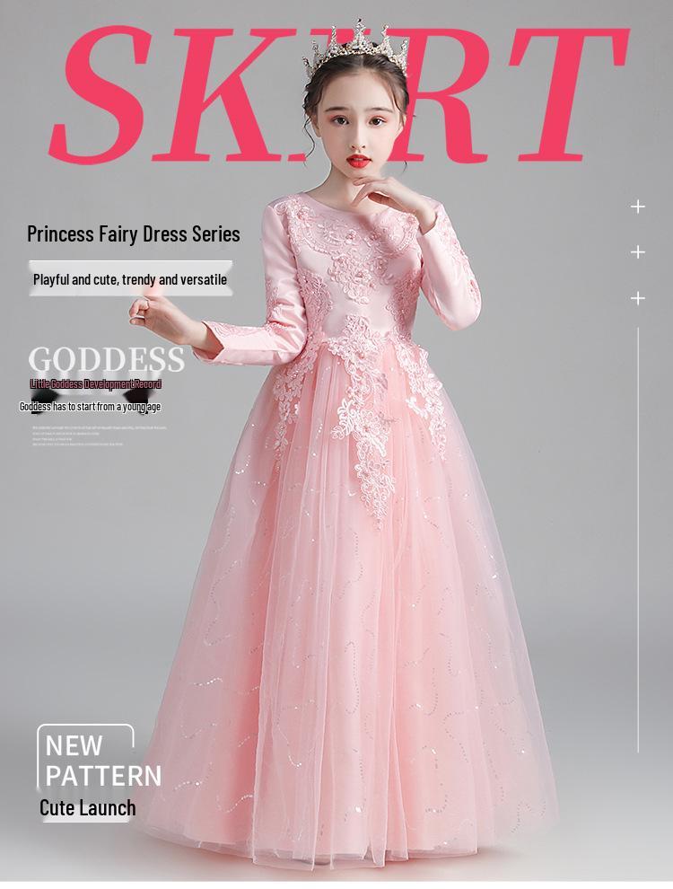 New Girls' Princess Tulle Dress - Puffy, Long, Autumn/Winter Style, Perfect for Evening, Flower Girl, Wedding, or Performance.