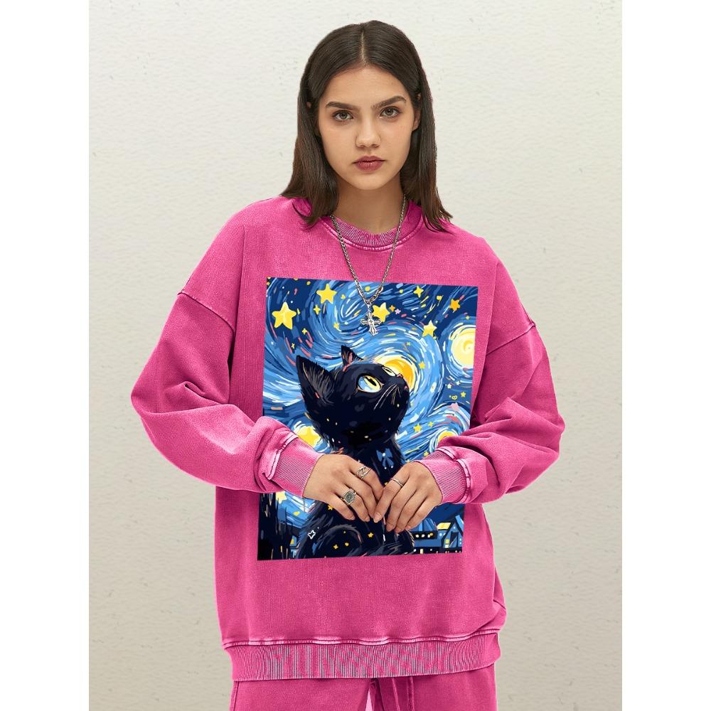 Beautiful Starry Sky Vortex Love Cat Oil Painting Prints Pullover Women Loose Cotton Washed Sweatshirt Vintage O-Neck