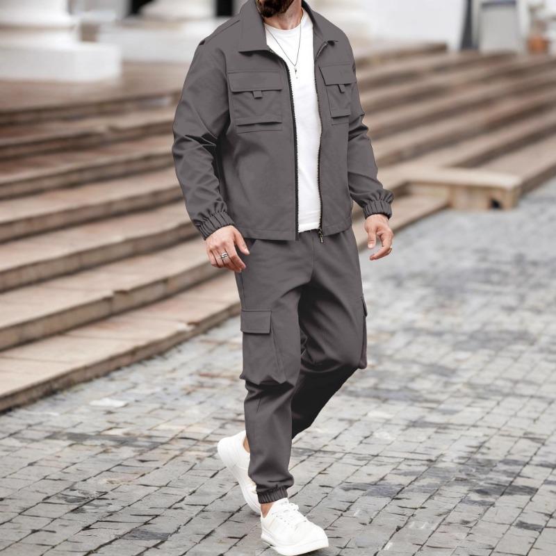 

Spring and Autumn New Men s Retro Bomber Jacket Loose Workwear Lapel Pants Suit S сірий