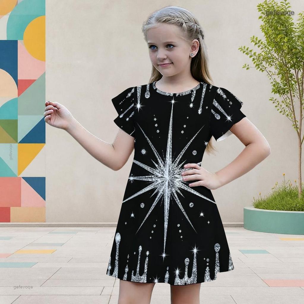 Girls Round Neck Flutter Short Sleeve A Line Flared Hem Printed Dress Black Green Gold