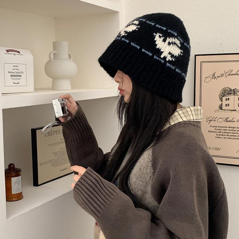 New Jacquard Knitted Bucket Hat Women's Autumn and Winter Versatile Bucket Hat Retro Face Small Wool Hat