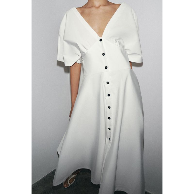 Summer Women's Clothing Minimalist Cotton Blend A- Line Hem Button Decoration V Neck Midi Skirt Dress 3242512