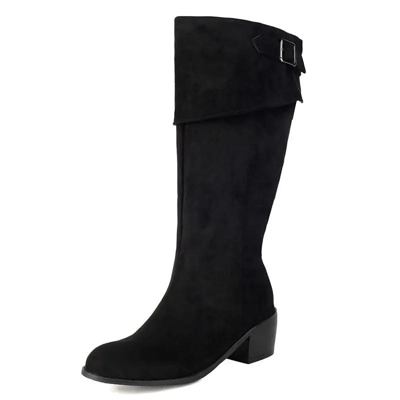 

Winter Flock Suede Slip on Metal Decal Big Size 43 44 Brown Women Knee High Boots Toe Block Heel 6cm 44