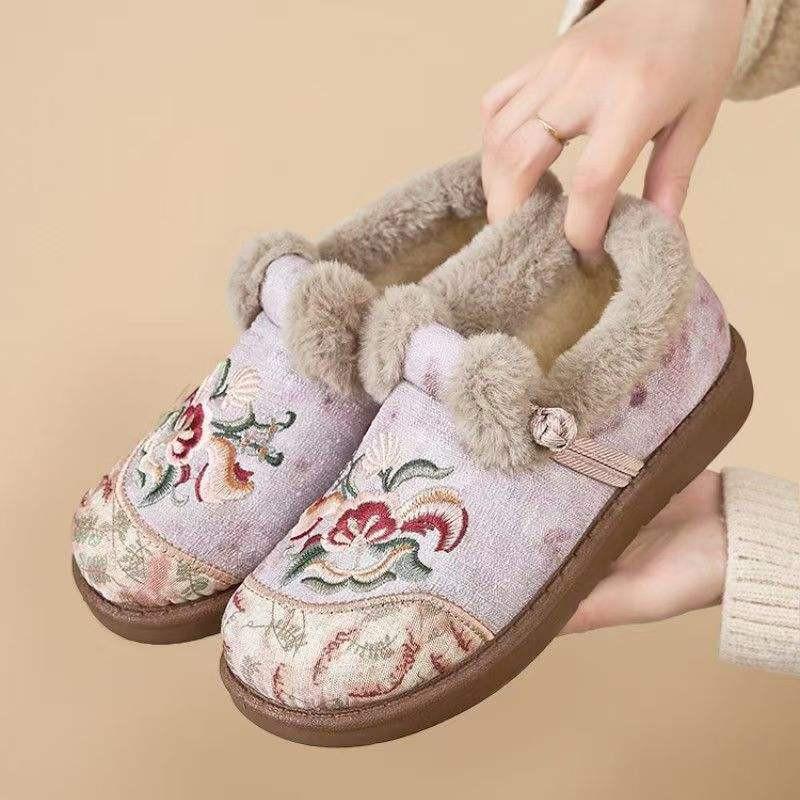 Womens Winter Warm Fleece-Lined Slip-On Flat Shoes With PVC Sole Embroidery