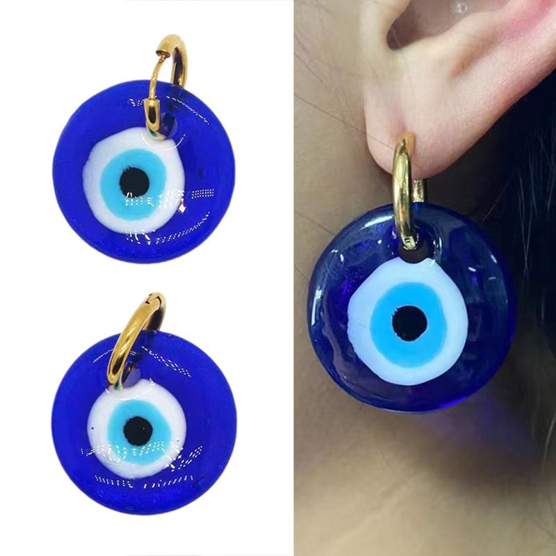 2 Pcs Retro Acrylic Eye Round Earrings Devil's Eye Earrings Turkish Blue Eye Stud Earrings Women Girls Ear Jewelry