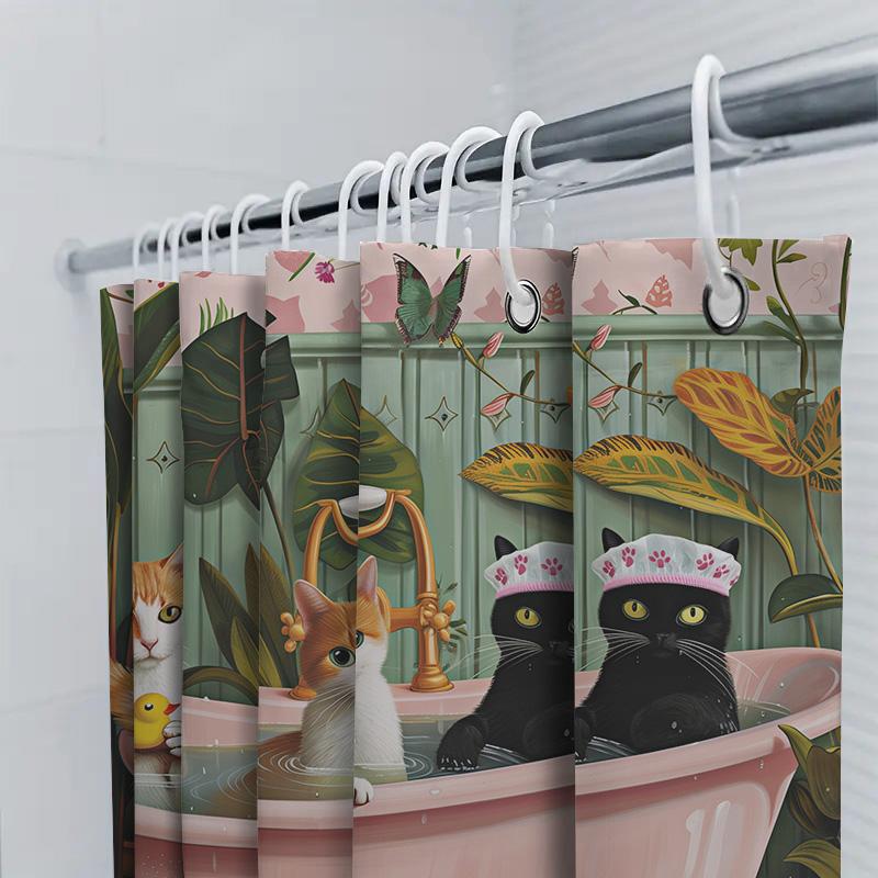 Pet Bathing Shower Curtain Adorable Dog Print White and Gray Polka Dot Design Non-slip Material for Safe Use in Bathroom