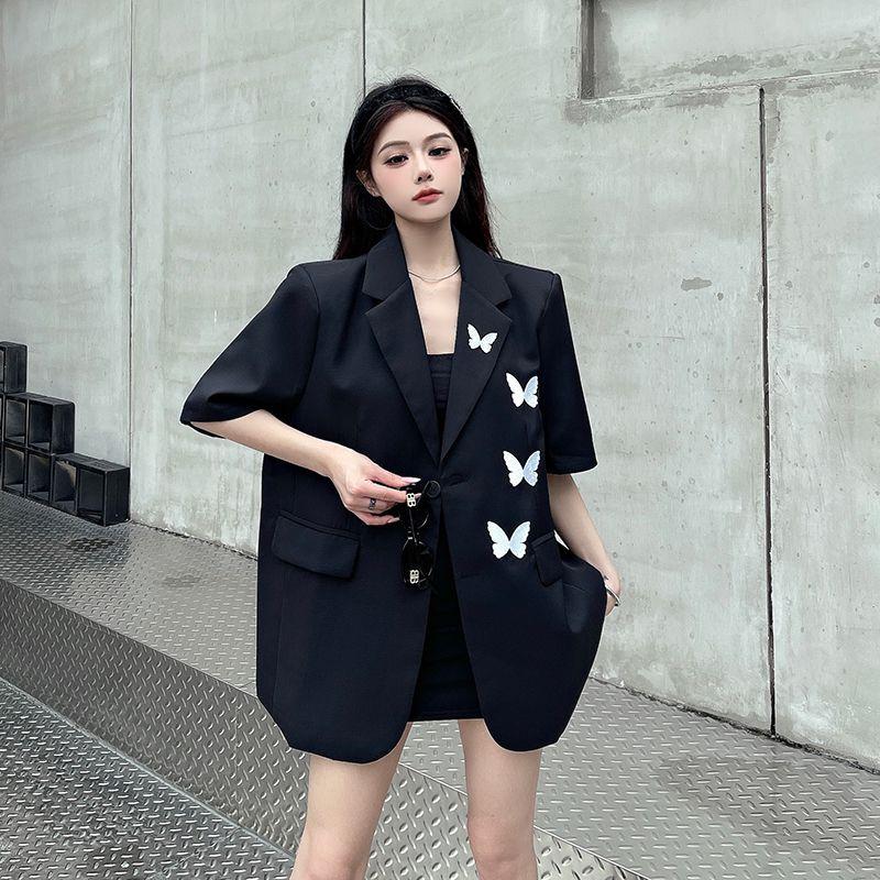 Blazer Nero a Maniche Corte Ricamato con Farfalle High Sense per Donna Estate Design di Nicchia Capo Esterno Completo Top