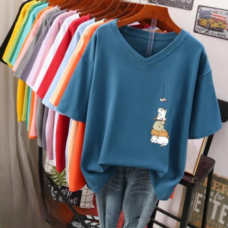 Short-sleeved T-shirt for Women, Large Size, Loose and Slimming, Printed V-neck Top
