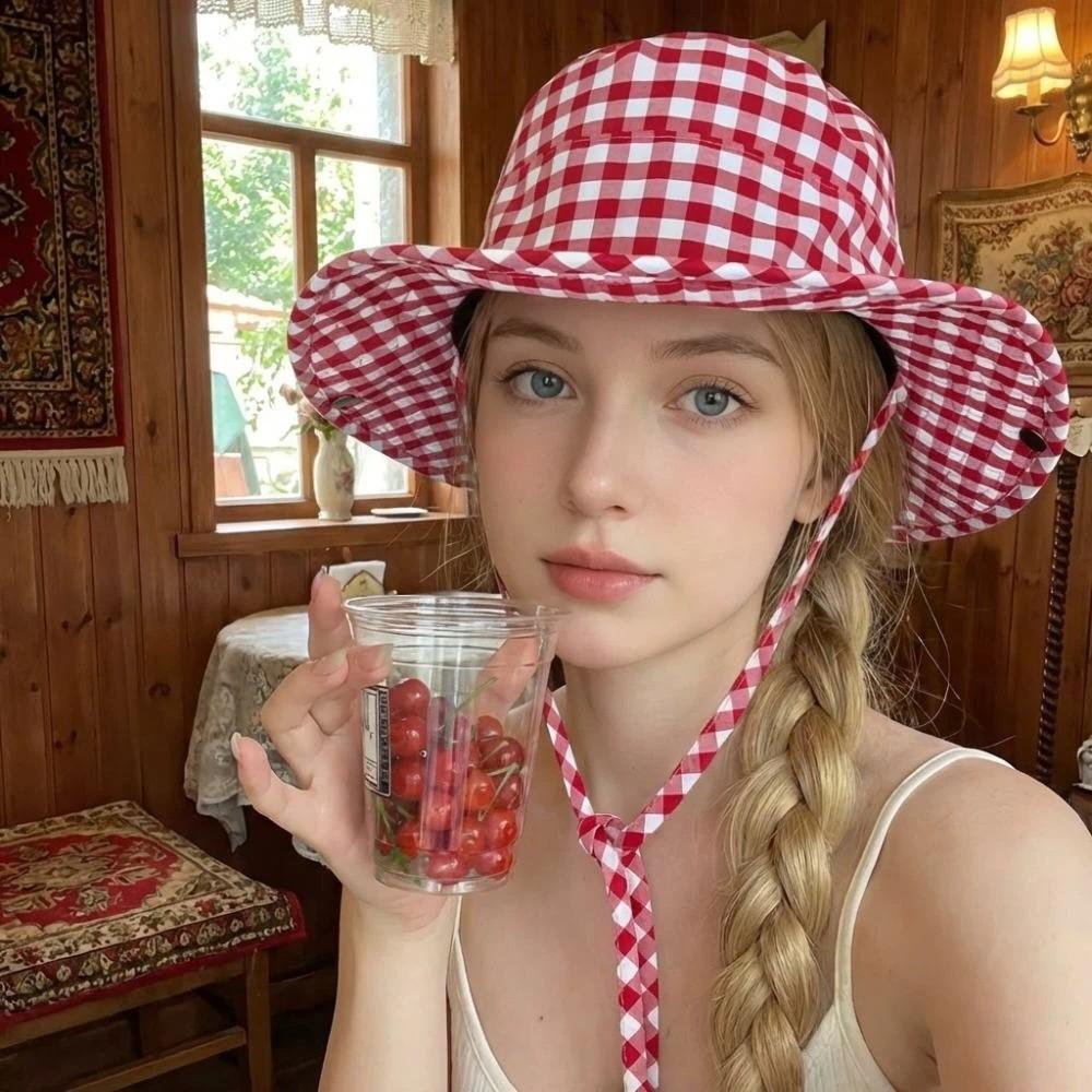 Fashion Vintage Bucket Hats Sweet Lace-up Plaids Versatile Fisherman's Hat Big Brim Sun Protection Sun Hat Summer