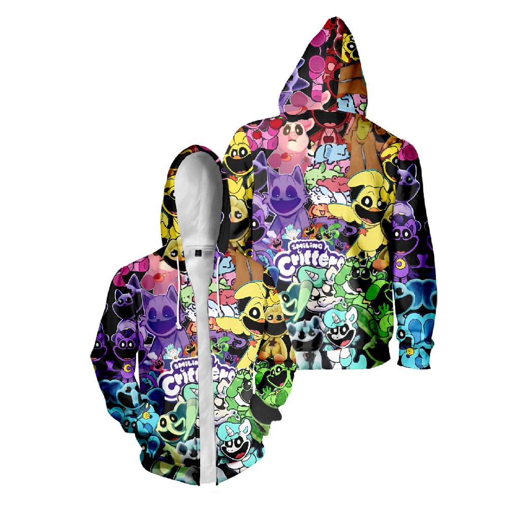 Męski rozpinany kardigan na zamek z nadrukiem kreskówkowym Smiling Critters, bluza z kapturem, długi rękaw, styl uliczny, odzież codzienna