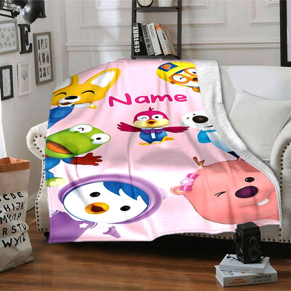 Custom Name Pororo Friends Flannel Blanket for Super Soft Cute Comfort Blanket for Travel Bedding Couch Sofa Blanket