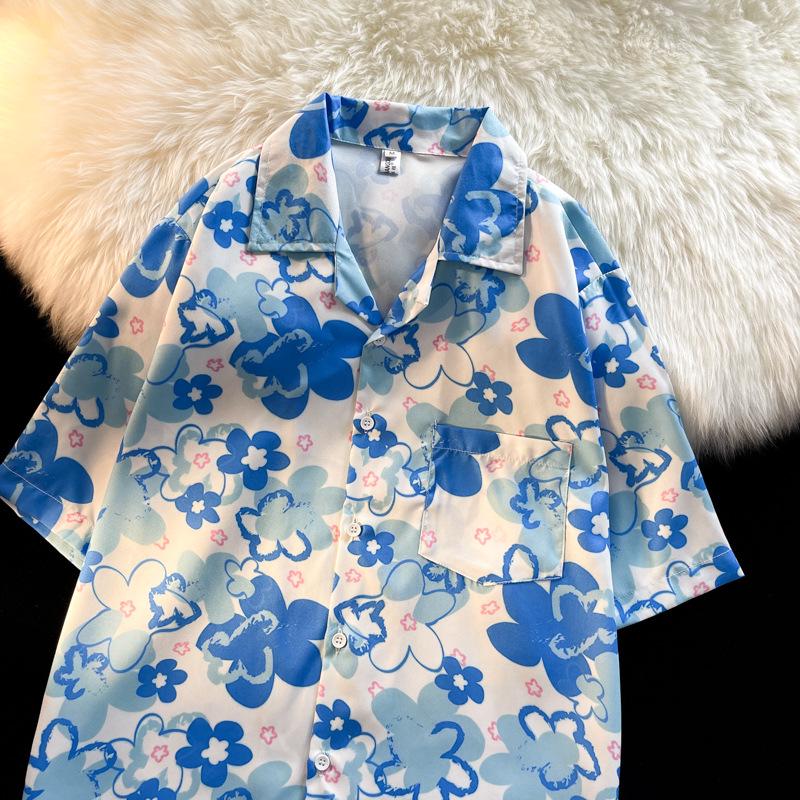 Unisex Vintage Kubakrage Blomsterskjorte - Løs passform, Hong Kong-stil, Kort erm, Perfekt for strand og par