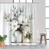 Tenda da Doccia Floreale ad Acquerello - Magnolie Bianche e Foglie Verdi su Grigio Chiaro, Lavabile in Lavatrice, Arredamento Minimalista per Bagno