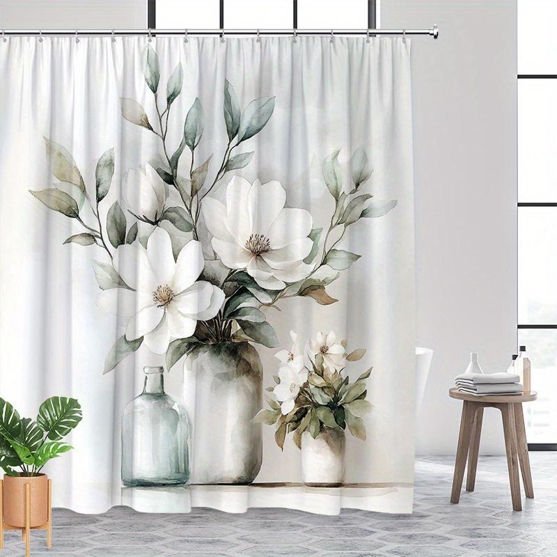 Tenda da Doccia Floreale ad Acquerello - Magnolie Bianche e Foglie Verdi su Grigio Chiaro, Lavabile in Lavatrice, Arredamento Minimalista per Bagno