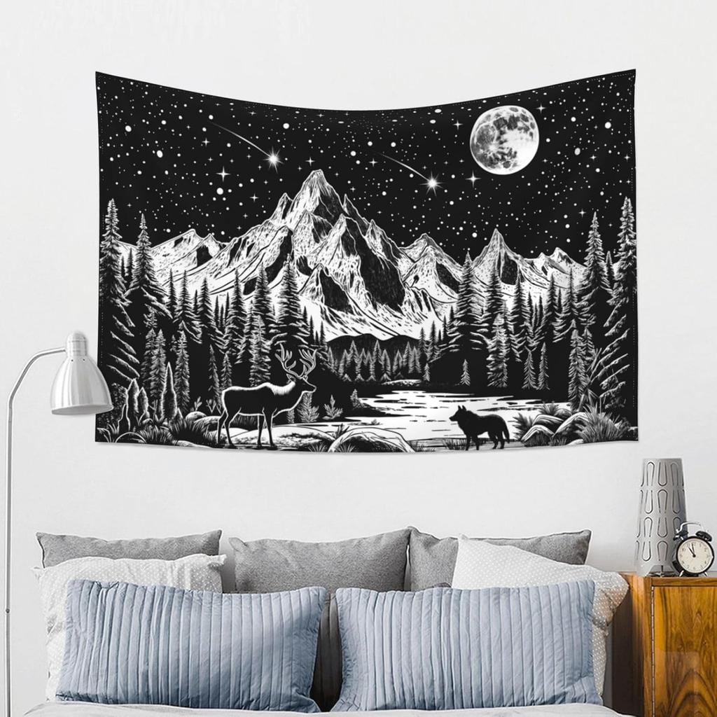 Black And White Tapestry Starry Night Mountain Tapestries For Bedroom Aesthetic Moon And Stars Tapastry'S Wall Hanging Dark