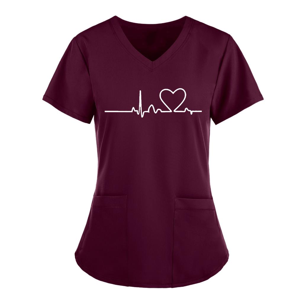 Women Short Sleeve V-neck Tops Working  Solid Color Pocket Blouse