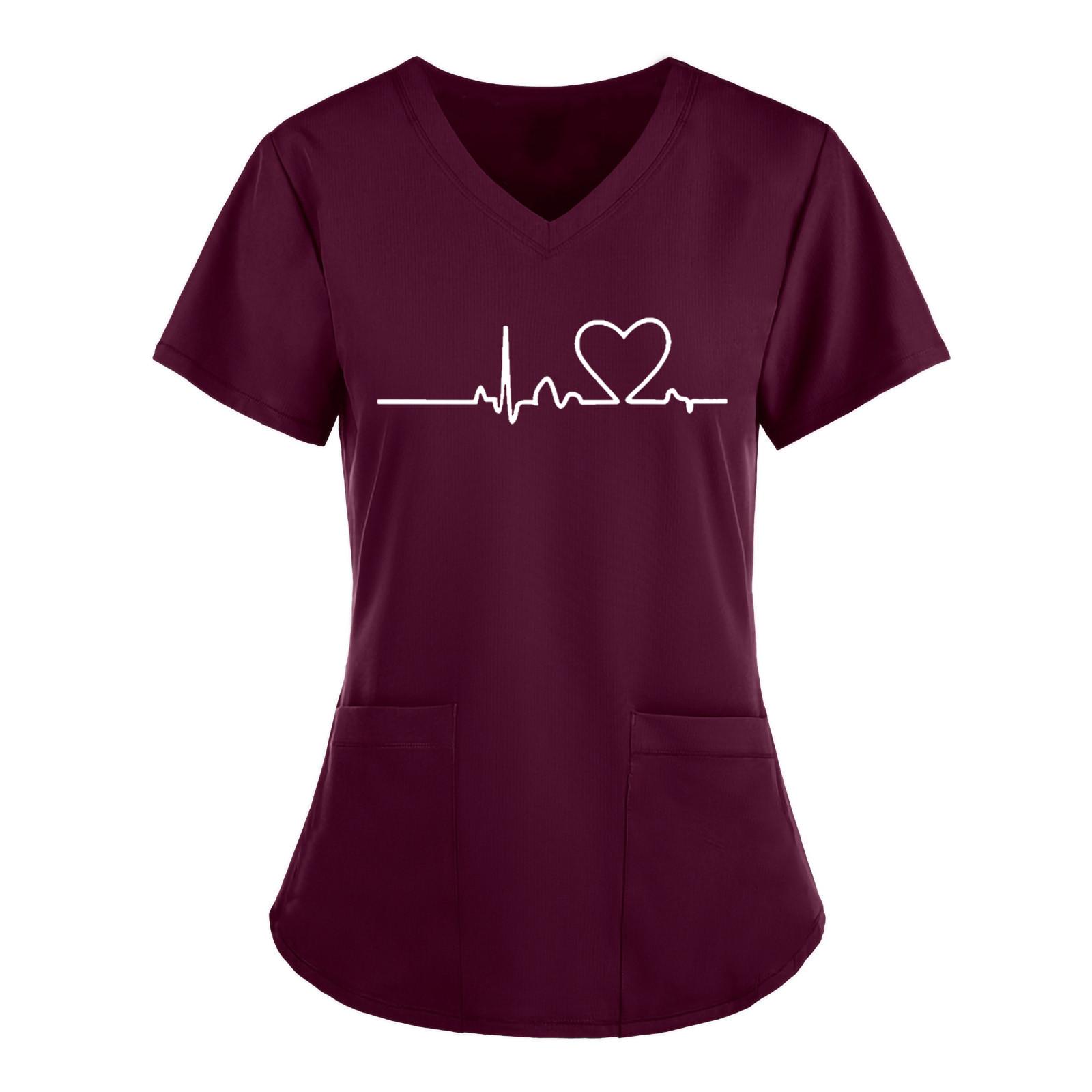 

Женские топы с короткими рукавами и v-образным вырезом, рабочая однотонная блузка с карманами XXL винный