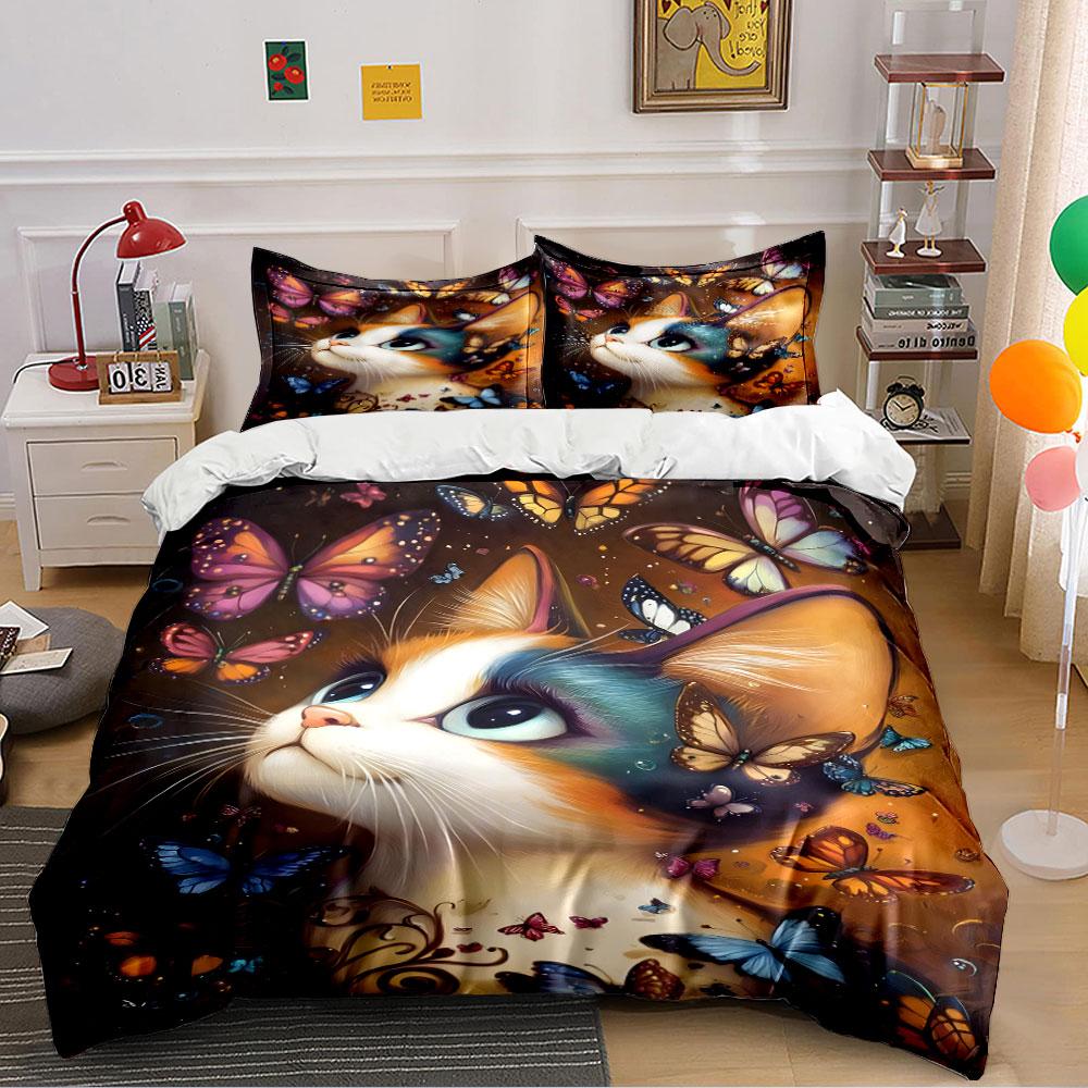 Colorful Cat and Butterflies Print Bedding Duvet Cover Set Duvet Cover Pillowcases (1 * Duvet Cover 2 * Pillowcases, without duvet insert)