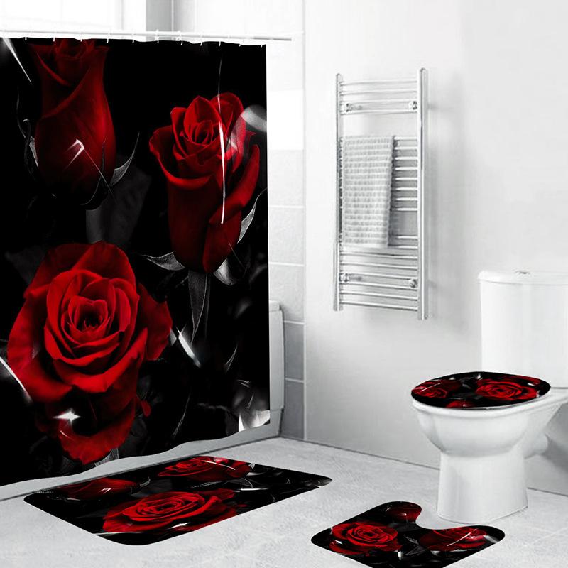 1 Set Waterproof Shower Curtain Romantic Valentine'S Day Heart Rose Bathroom Curtain Set Shower With 12Pcs Plastic Hooks