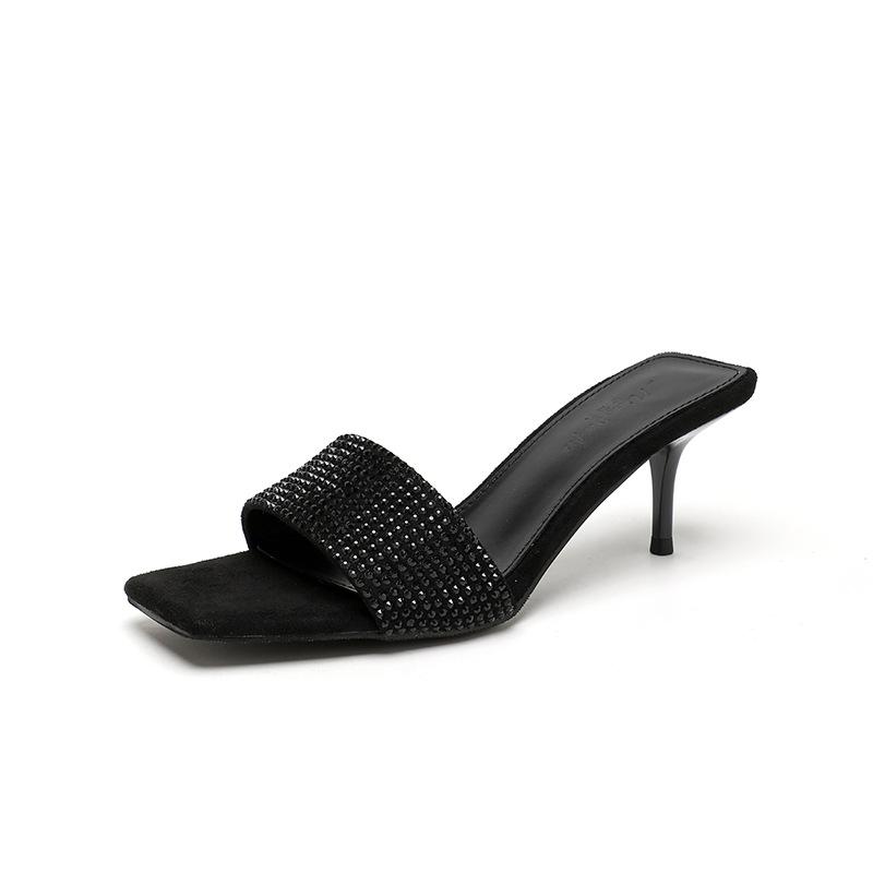 Square-headed Rhinestone Open-toed Stiletto Sandals 2025 Summer New Fashionable Versatile Sexy Roman High-heeled Sandals Women