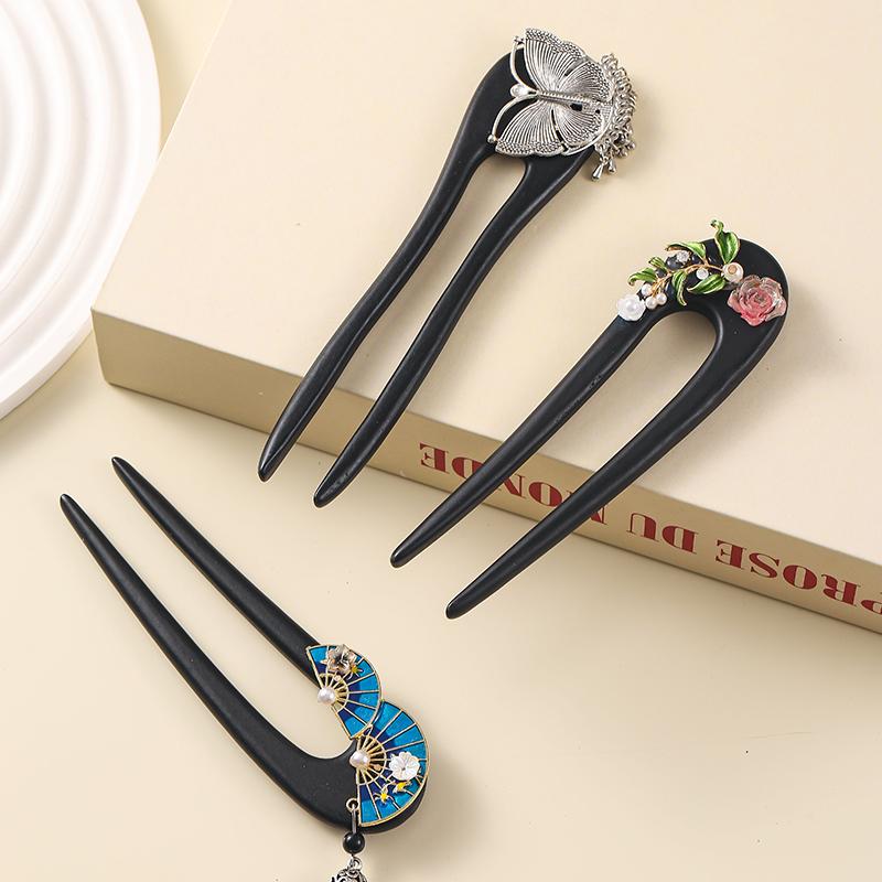 Wood Flowers U Shaped Hair Fork Wooden Hairpin Butterfly Hair Sticks Chinese Women Hairstyling Hair Accessories Headwear