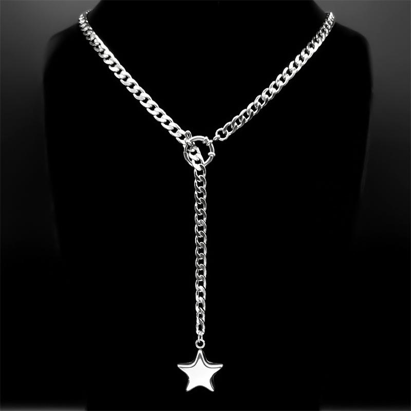 Heart Star O-ring Long Chain Necklace For Women Men Punk Rock Stainless Steel Adjustable Y-Necklace