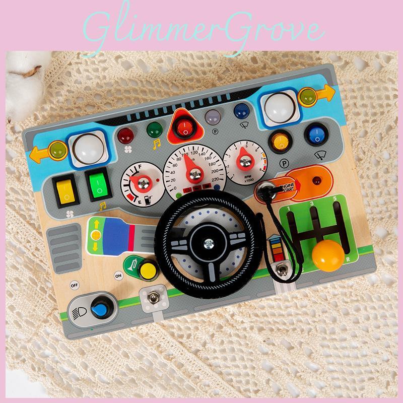 Wooden Childrens Simulated Steering Wheel Led Switch Busy Board Educational Toy For Early Learning