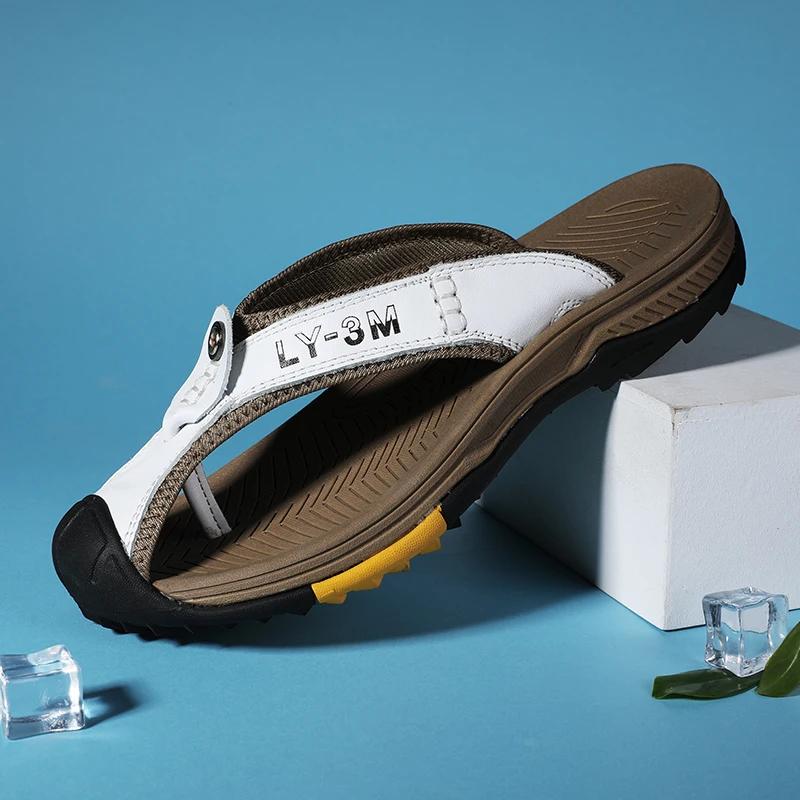 Fashion Genuine Leather Men Flip Flops Outdoor Thick Bottom Beach Shoes Comfortable Men Summer New Male Slides Luxury  Slippers Man