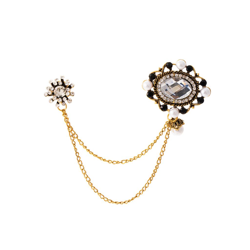Vintage British Style Pearl Brooch, Fashionable Men'S Suit Accessories, Gemstone Chain, Diamond-Set Fireworks Brooch.