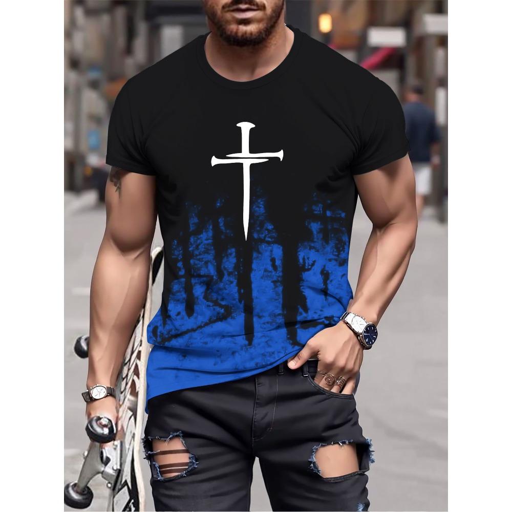 Pánské pohodlné tričko s výstřihem do V Grafické tričko Letní oblečení Oblečení Křesťanský kříž Vzor Tisk ropa pixelada