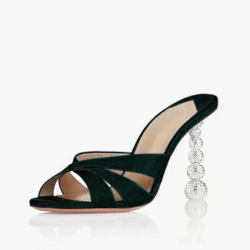 Fashion New Sweet Rhinestone 9.5cm Strange Style Heel Sandals Summer Elegant Banquet Wedding Brides Bridesmaids Women's Slippers 34-43