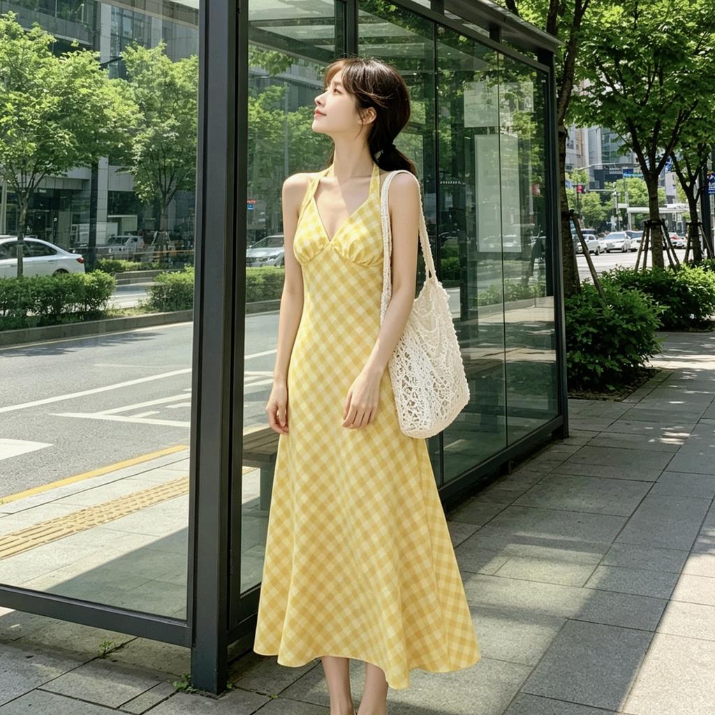 Dopamine yellow plaid dress is thin and gentle temperament neck sling dress collar lazy vacation style