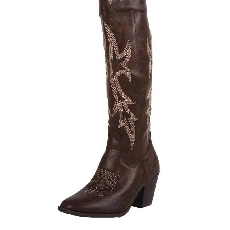 Dámské boty 2024 Nové Vyšívání Dámské kozačky Módní vyšívání Moderní kozačky Dámské Sexy špičaté boty nad koleno Dámské