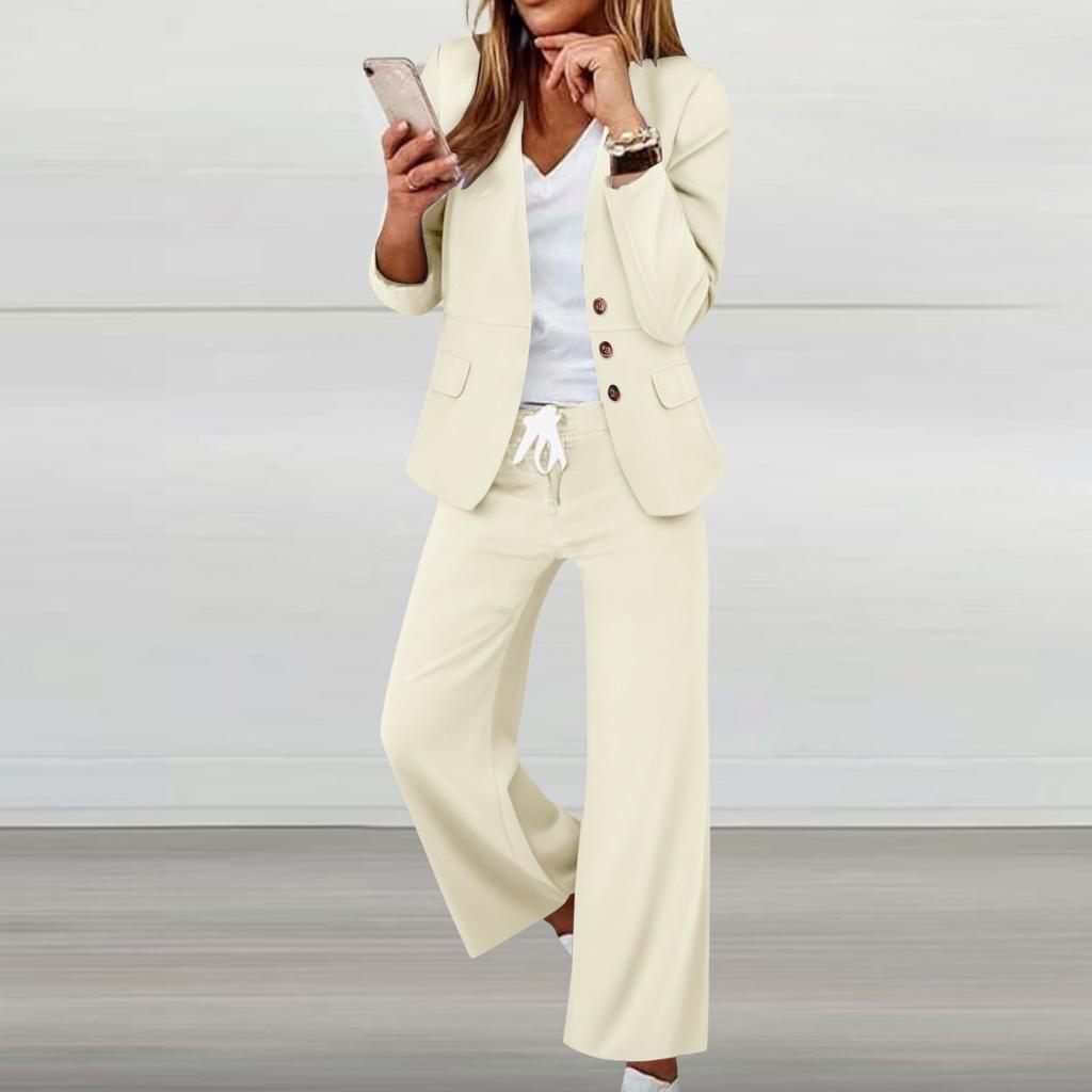 Women 2 Pieces Elegant Slim Fit Jacket Formal Work Pant Lapel Coat Set