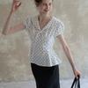 Women's White Polka Dot V-Neck Puff Sleeve Cinched Waist Peplum Casual Blouse