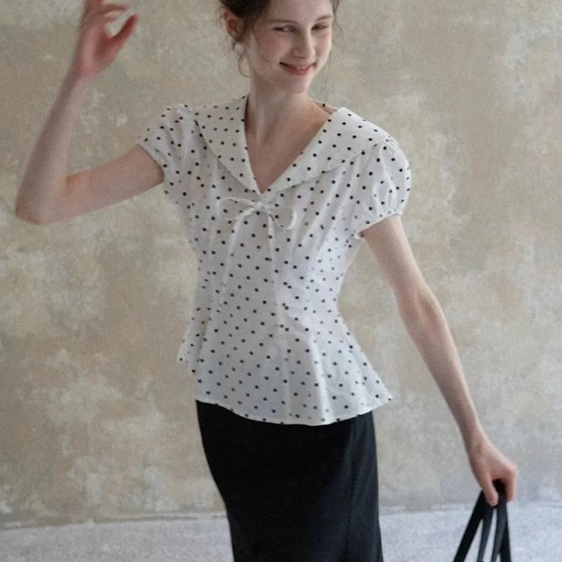 Women's White Polka Dot V-Neck Puff Sleeve Cinched Waist Peplum Casual Blouse
