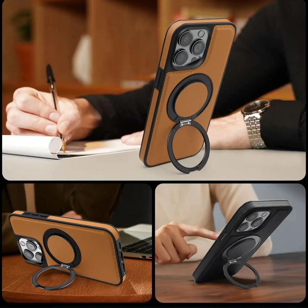 Luxury Magnetic Metal Stitching Leather Case For iPhone 17 Air 16E 16 Pro Max 15 14 Plus 13 12 Pro Max 360 Stand Phone Cover