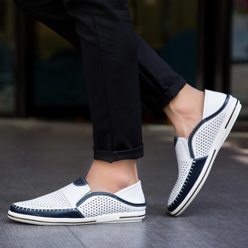 Popular Shrimp Skin South East Asia Leather Loafers Men's Summer Breathable Hollow Leather Shoes One Pedal Doudou Shoes Men