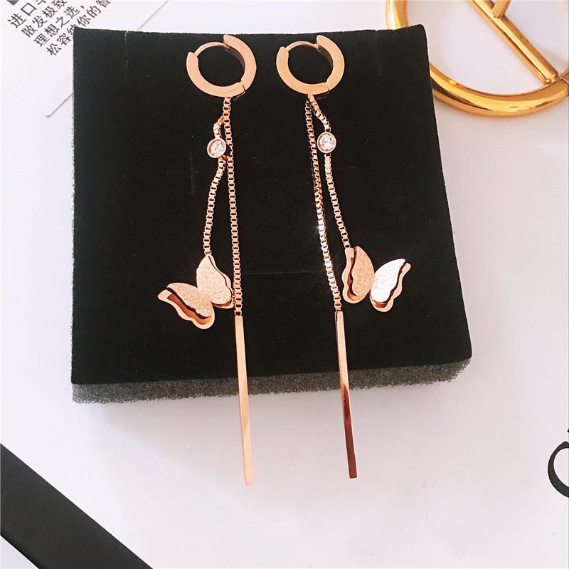 Korean Style Women s Versatile Butterfly Tassel Earrings - Titanium Steel Hoops розового золота